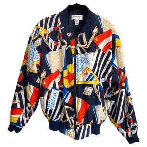 Vintage Nautical Zip Bomber Jacket by Carol Horn Workshop 100% Silk lining Sz M